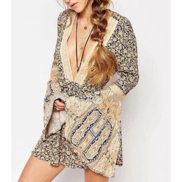 Free People Pants - FREE PEOPLE Blue Yellow Romper Floral Once Upon a Summertime Bell Sleeve Small S